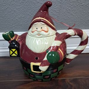 Vintage Christmas Santa Teapot Candy Cane Handle Ceramic Holiday Tea Pot Lantern